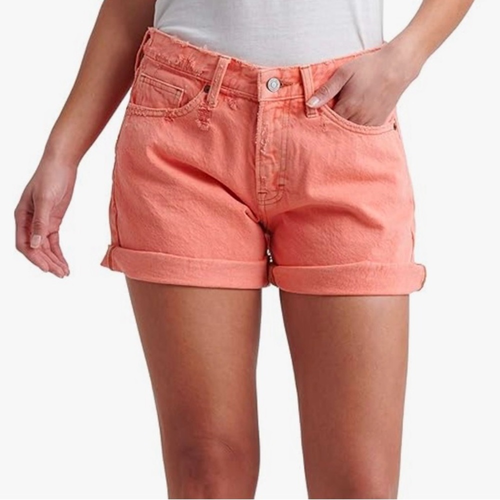 Lucky Brand Women's Mid Rise Boyfriend Short Raw Hem Distressed Size 12/31 Coral